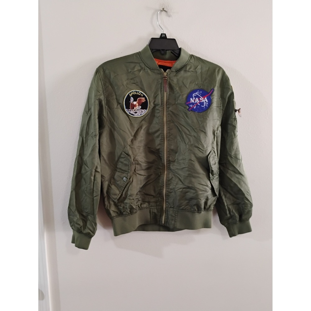DA FEI LI NASA Apollo 11 Mission Patch Bomber Flight Jacket Olive Green Mens XL